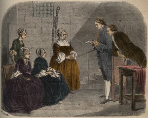 Madame Calas, con sus dos hijas, escucha el veredicto del juicio de su esposo, Jean, ilustración de Causes célèbres de tous les peuples, por Armand Fouquier, 1858-67